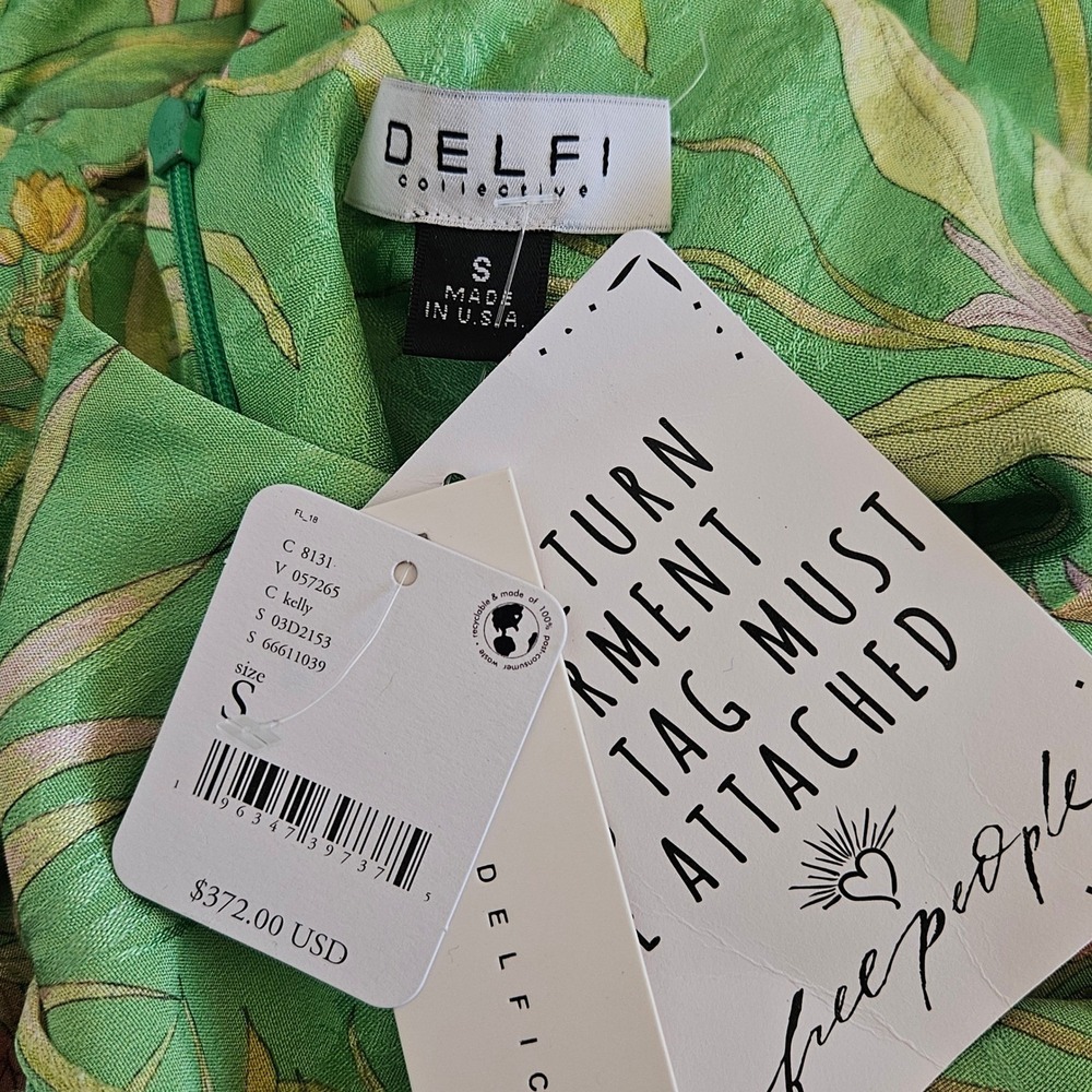 Delfi Collective Jacky Mini Dress Green‎ Tropical Floral Metallic Jacquard S NEW - Picture 8 of 10